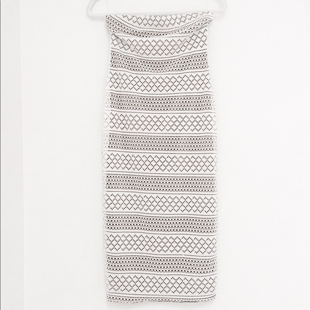 Poetry Patterned Strapless Ivory Brown Fitted Dress Size S
